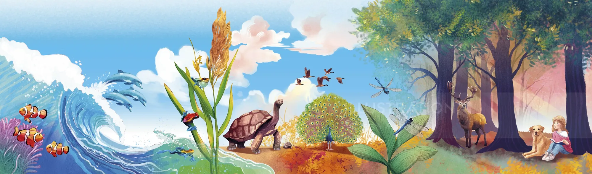 Illustration showing diverse extraordinary animal world wonders in vibrant nature