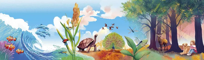Illustration showing diverse extraordinary animal world wonders in vibrant nature