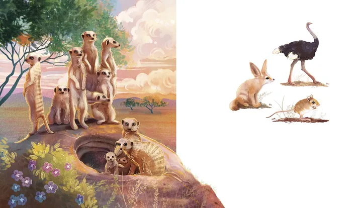 Illustration of meerkats and other desert animals near their burrows