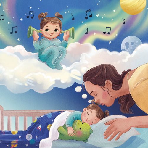 Father singing to baby in space-themed nursery with toys and clouds.