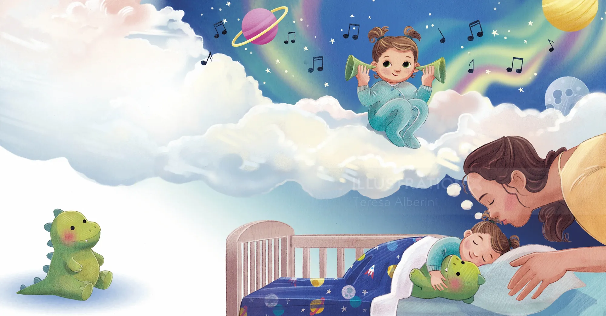 Vater singt Baby in Weltraum-Kinderzimmer mit Spielzeug und Wolken vor.