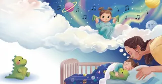 Father singing to baby in space-themed nursery with toys and clouds.