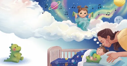 Vater singt Baby in Weltraum-Kinderzimmer mit Spielzeug und Wolken vor.