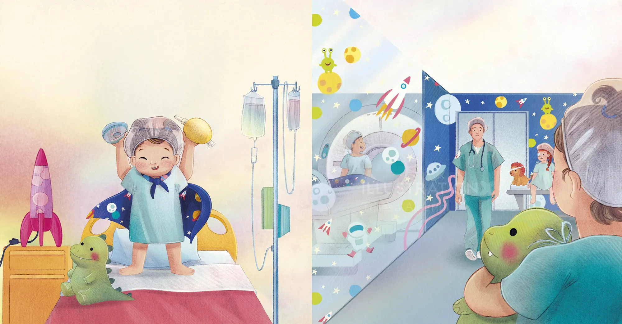 Ein Kind im Krankenhaus träumt von einem Weltraumabenteuer mit Ärzten und Spielzeug.
