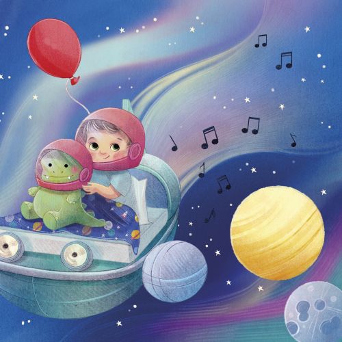 Children in spaceship surrounded by planets and stars in space