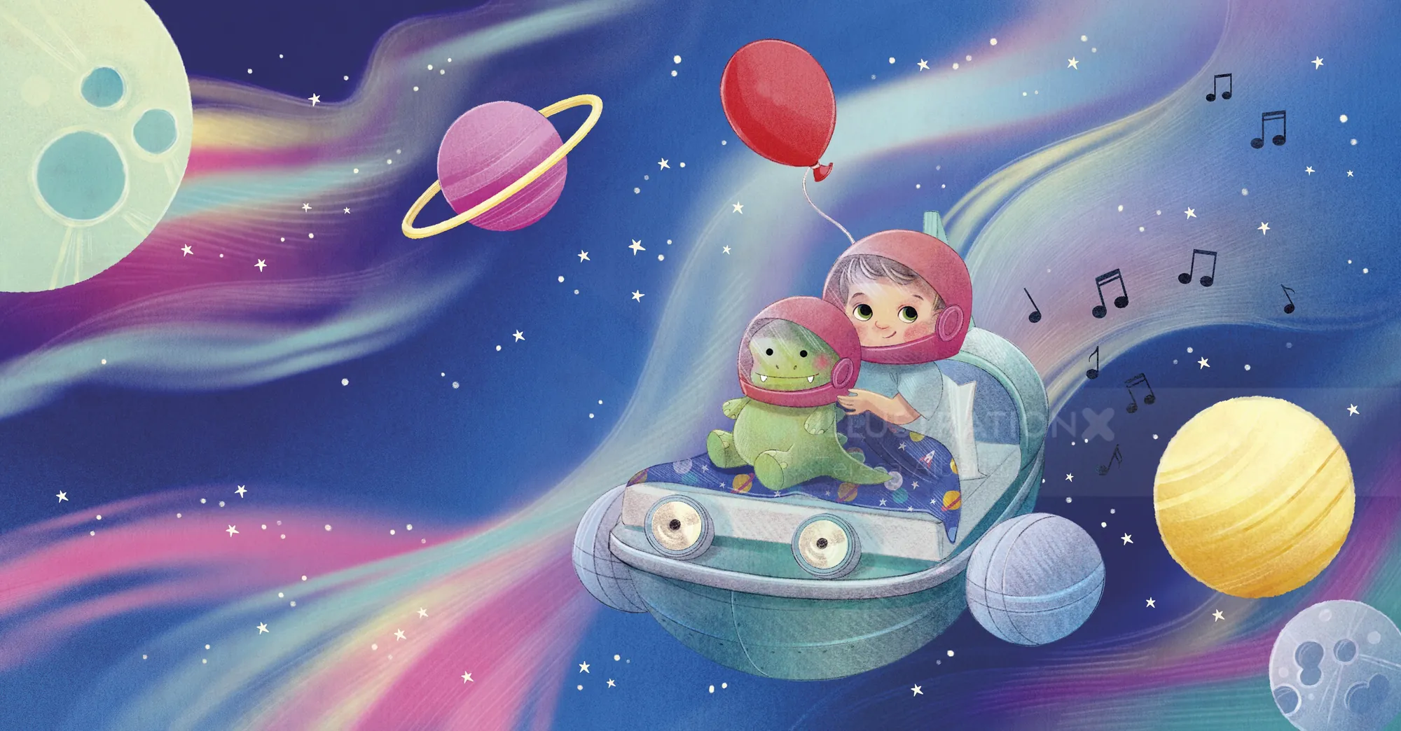 Kinder in einem Raumschiff, umgeben von Planeten und Sternen im Weltraum