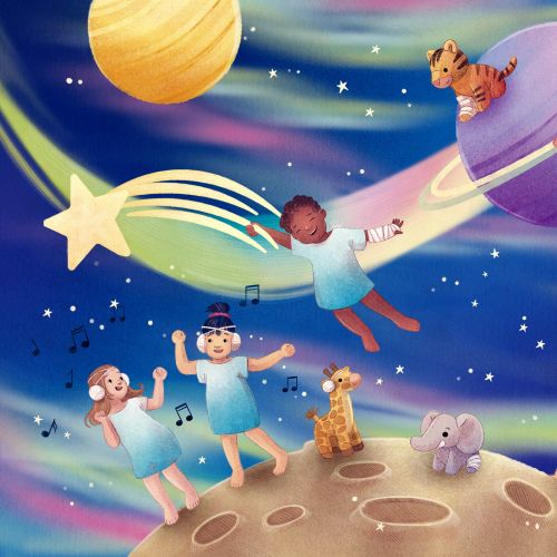 Kids and pets floating in a vibrant outer space with planets and stars.