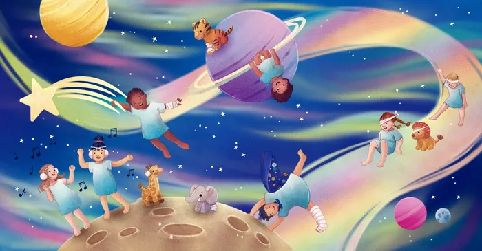 Kids and pets floating in a vibrant outer space with planets and stars.