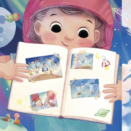 Child holding picture book with space and rocket illustrations in sky