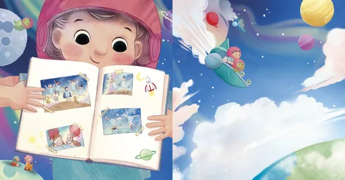 Kind hält Bilderbuch mit Weltraum- und Raketenillustrationen am Himmel