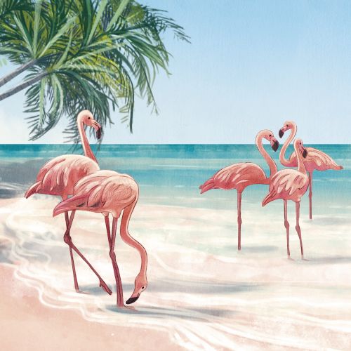 Flamingos on a sandy beach with palm tree and ocean in background