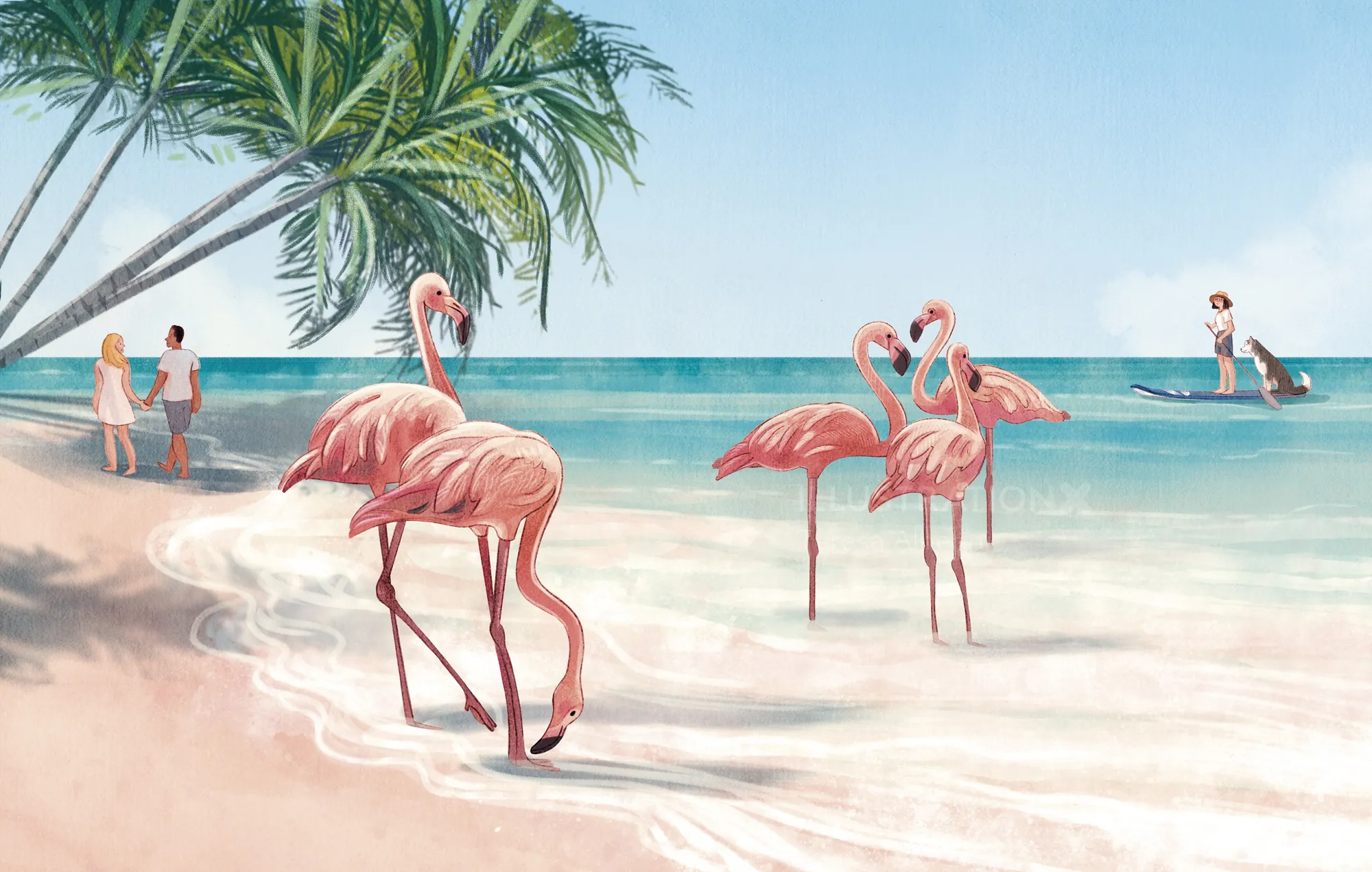 Flamingos on a sandy beach with palm tree and ocean in background