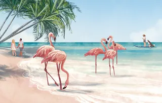Flamingos on a sandy beach with palm tree and ocean in background