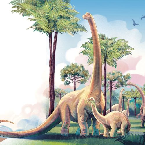 Scientist studying long-necked dinosaurs in a lush prehistoric landscape