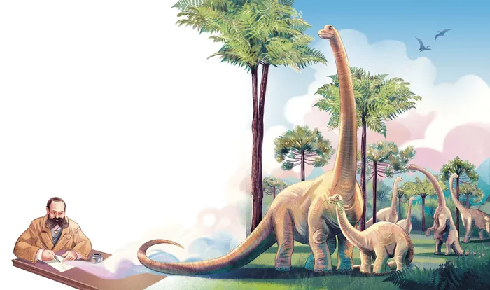 Scientist studying long-necked dinosaurs in a lush prehistoric landscape