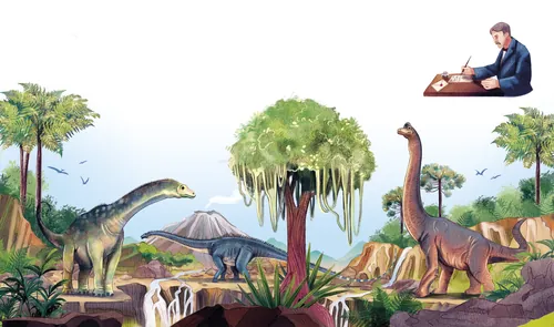 Dinosaurier in einer üppigen prähistorischen Umgebung mit Bäumen und Vulkan
