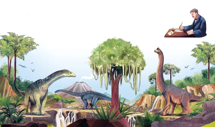 Dinosaurs in a lush prehistoric environment with trees and volcano