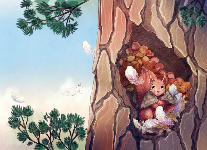 Squirrel with acorns and feathers inside tree hollow surrounded by branches.