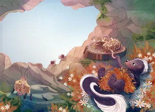 Skunk cooking noodles outdoors with mountains and flowers in background