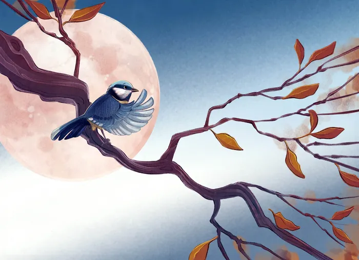 Blue jay bird on tree branch with full moon in the background