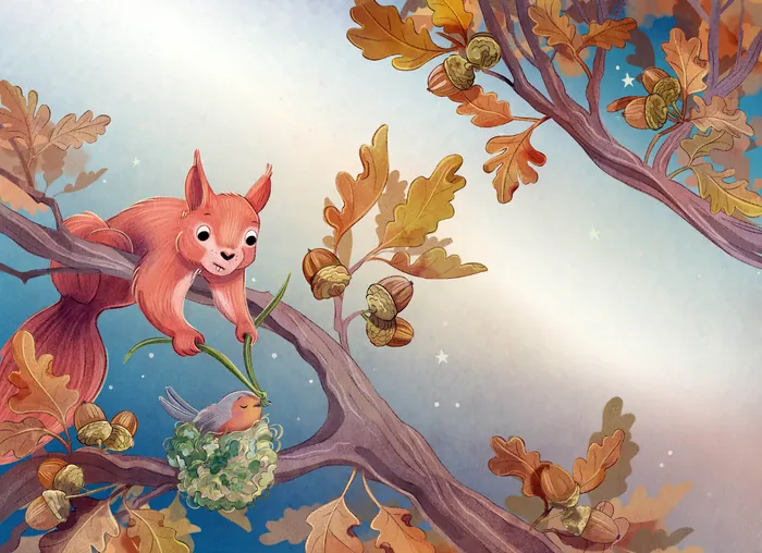 Squirrel and bird on oak branches with acorns in a colorful autumn scene