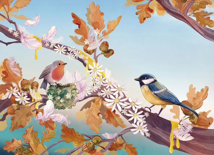 Two birds sitting on blooming branches with oak leaves and flowers.