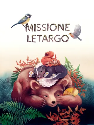 Sleeping bear with birds, squirrel, and forest plants