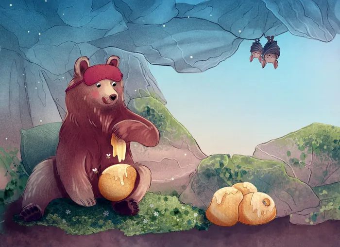 Bear enjoying honey near two bats hanging upside down in cave.