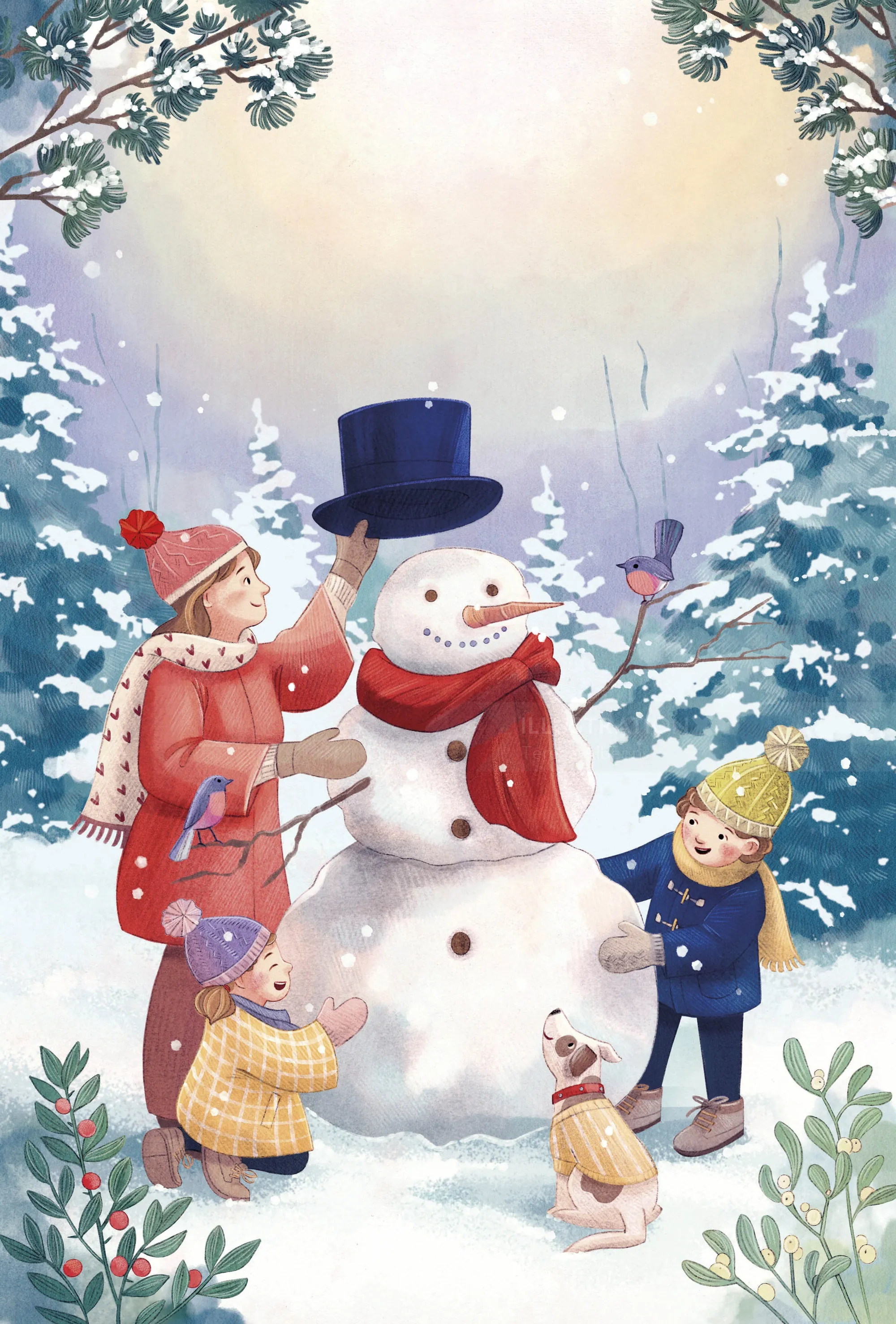Kinder in Winterkleidung bauen einen Schneemann im Schnee
