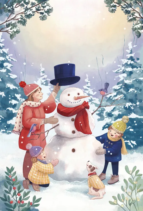 Kinder in Winterkleidung bauen einen Schneemann im Schnee