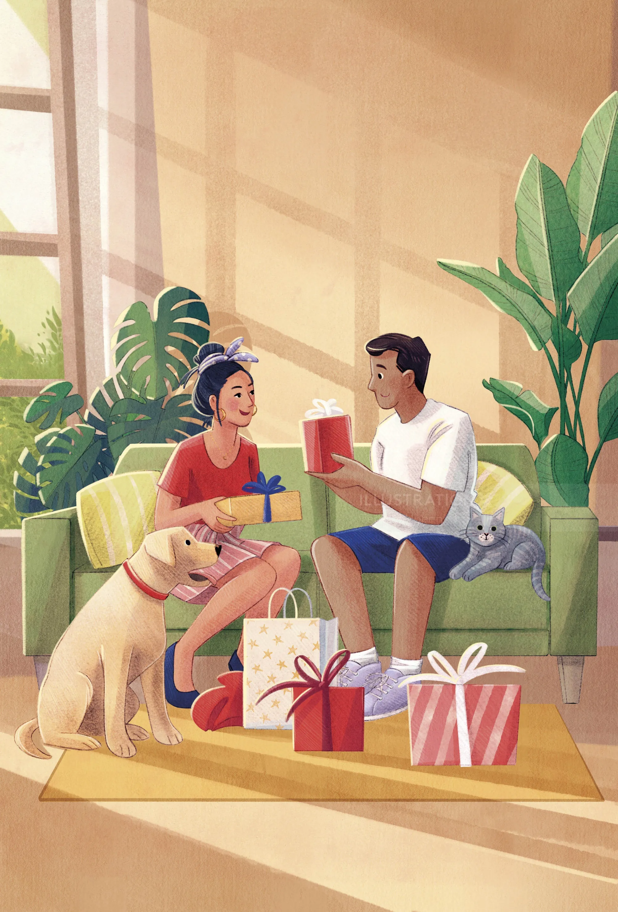Ein Paar sitzt auf dem Sofa und tauscht Geschenke mit Hund und Katze aus.