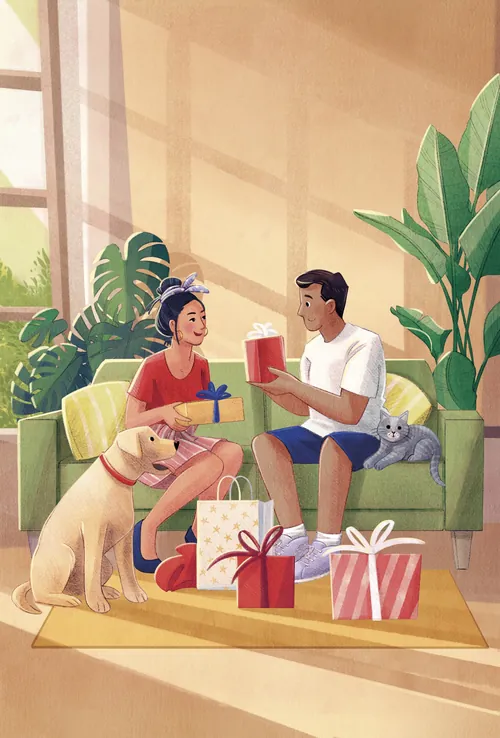 Ein Paar sitzt auf dem Sofa und tauscht Geschenke mit Hund und Katze aus.