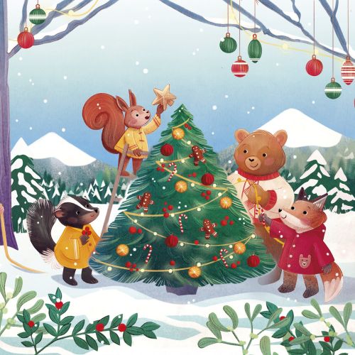 Animals decorating Christmas tree in snowy forest by Teresa Alberini