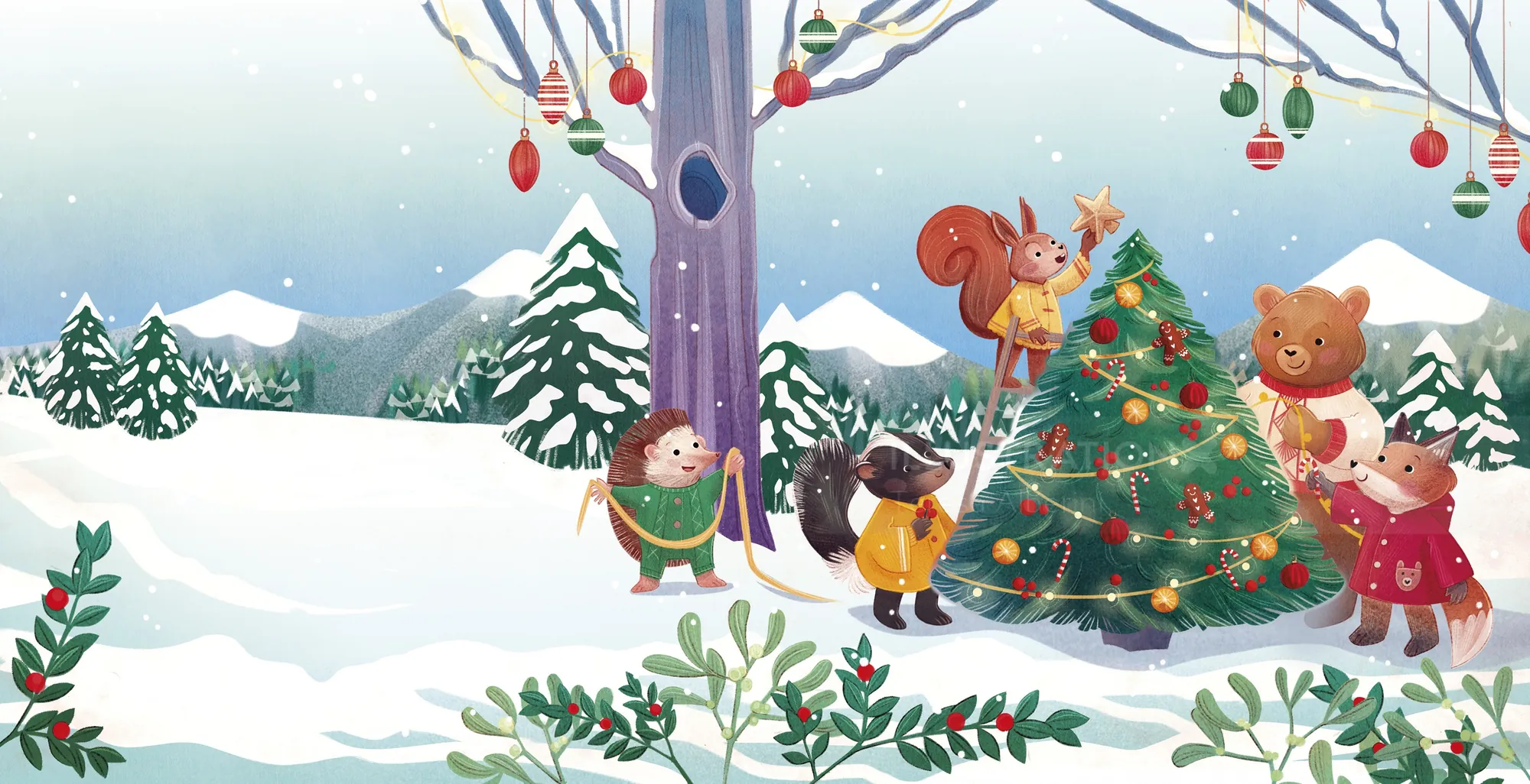 Tiere schmücken Weihnachtsbaum im verschneiten Wald von Teresa Alberini