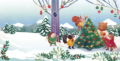 Tiere schmücken Weihnachtsbaum im verschneiten Wald von Teresa Alberini