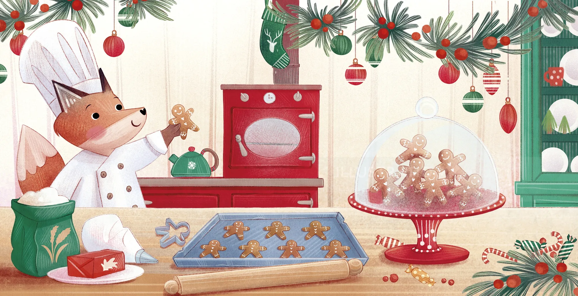 Weihnachtsküchenszene mit Fuchs als Koch, der Lebkuchen backt (von Teresa Alberini)