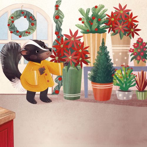 Holiday flower shop scene with a badger and Christmas plants by Teresa Alberini