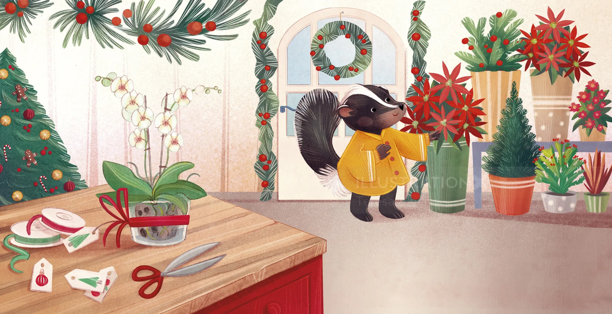 Holiday flower shop scene with a badger and Christmas plants by Teresa Alberini