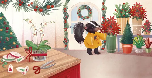 Weihnachtsszene in einem Blumenladen mit einem Dachs und Weihnachtspflanzen von Teresa Alberini