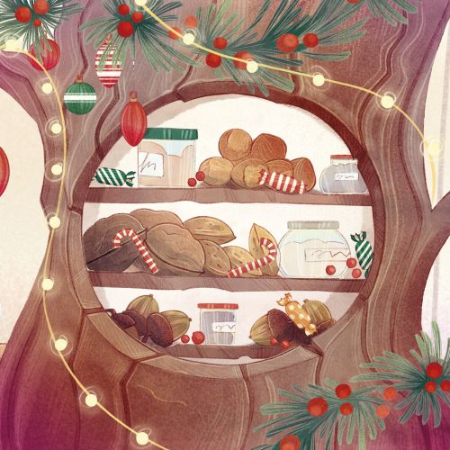 Squirrel smelling cup near festive bakery shelves by Teresa Alberini