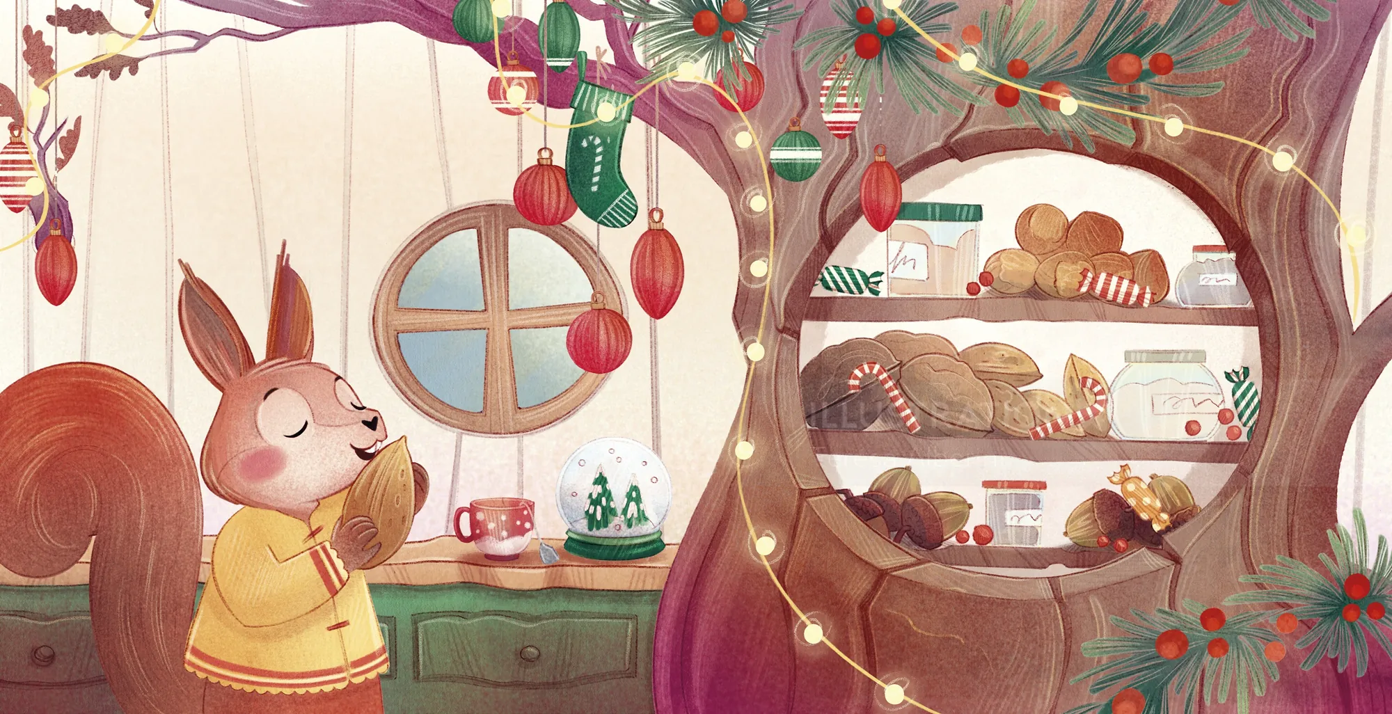 Squirrel smelling cup near festive bakery shelves by Teresa Alberini