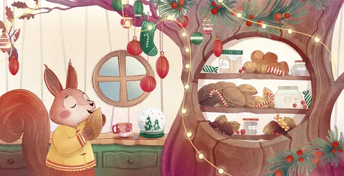 Squirrel smelling cup near festive bakery shelves by Teresa Alberini