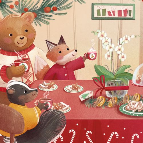 Animals gathered around a Christmas table celebrating the holiday, Teresa Alberini