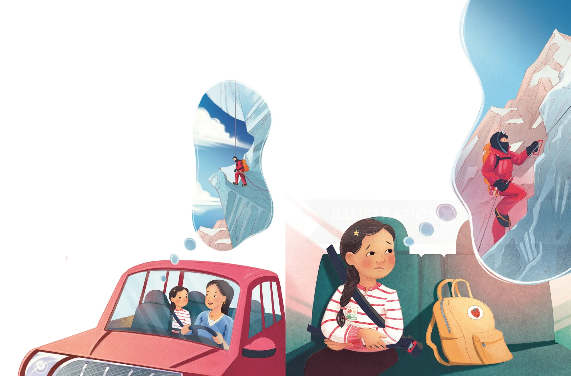 Girl sitting with backpack imagining mountain climbing by Teresa Alberini