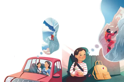 Girl sitting with backpack imagining mountain climbing by Teresa Alberini