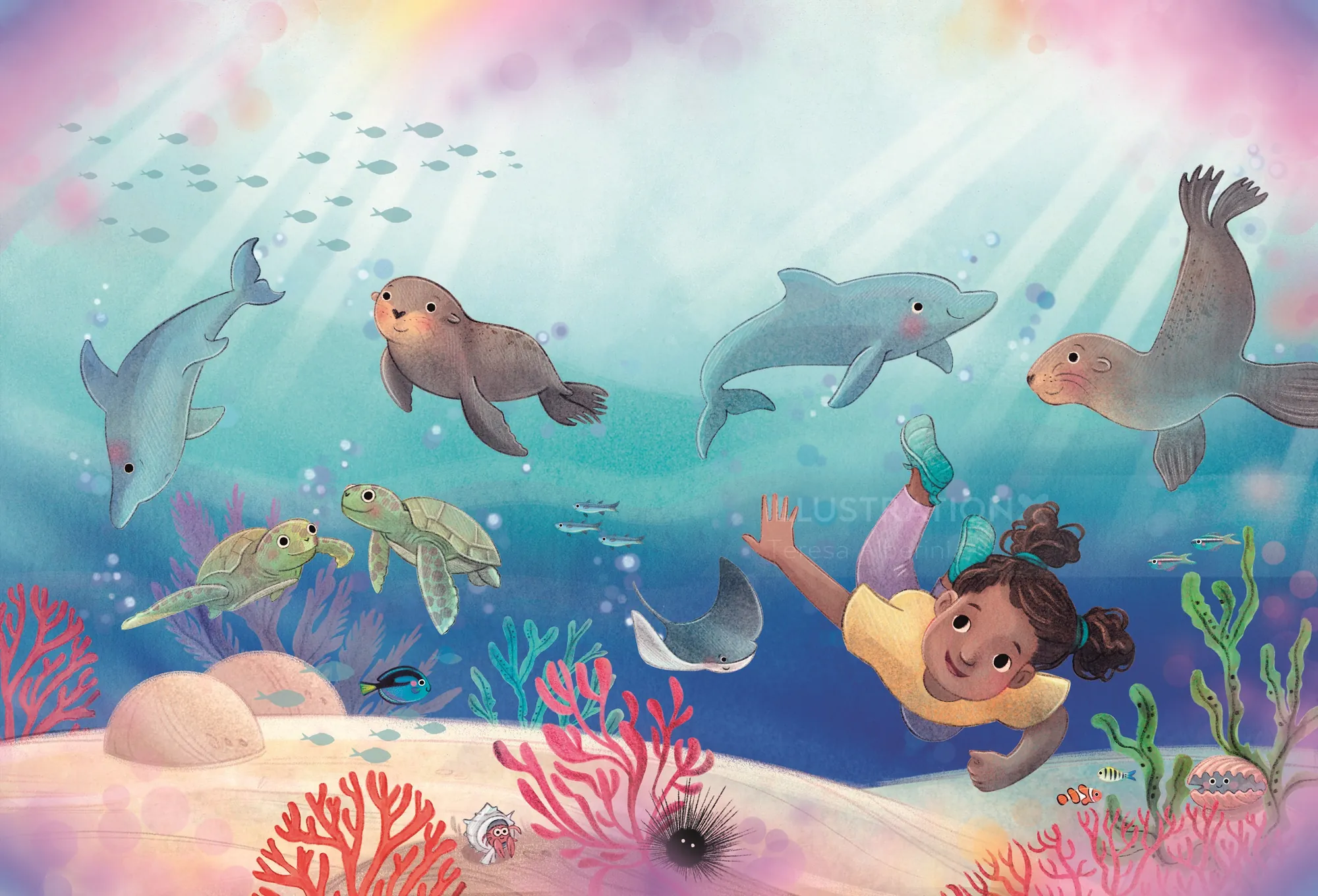 Child swimming underwater with dolphins, seals, turtles, and coral by Teresa Alberini