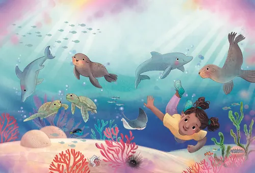 Child swimming underwater with dolphins, seals, turtles, and coral by Teresa Alberini