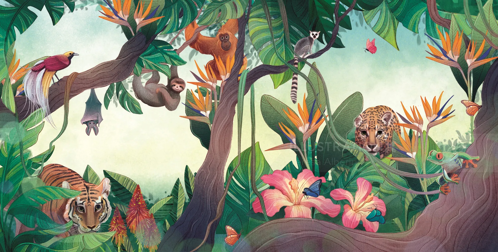 Tropische Dschungelszene mit farbenprächtigen Vögeln, Tiger, Leopard und leuchtenden Blumen von Teresa Alberini