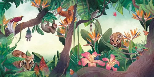 Tropische Dschungelszene mit farbenprächtigen Vögeln, Tiger, Leopard und leuchtenden Blumen von Teresa Alberini