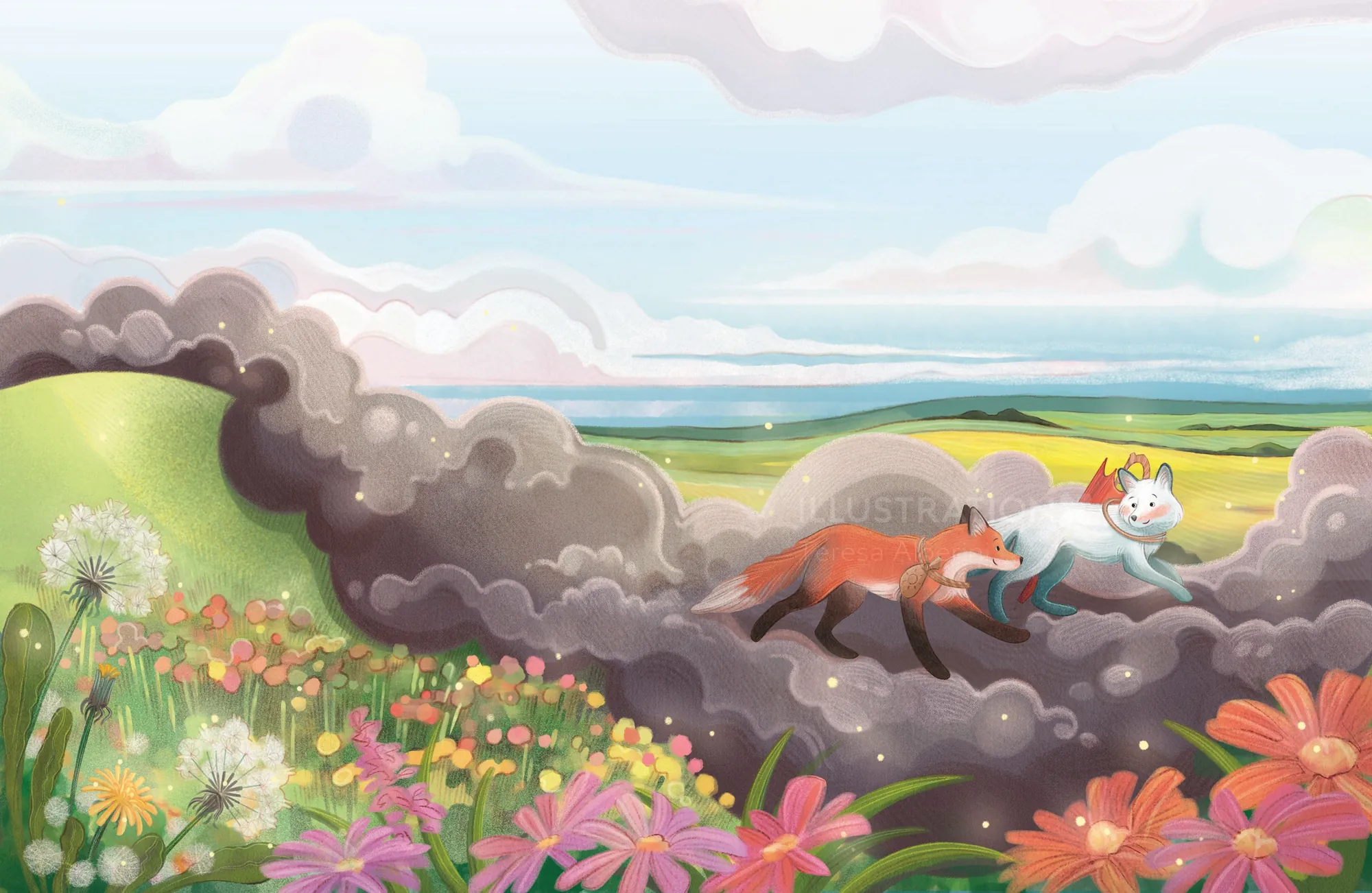 Fox and white cat walking through colorful meadow by Teresa Alberini